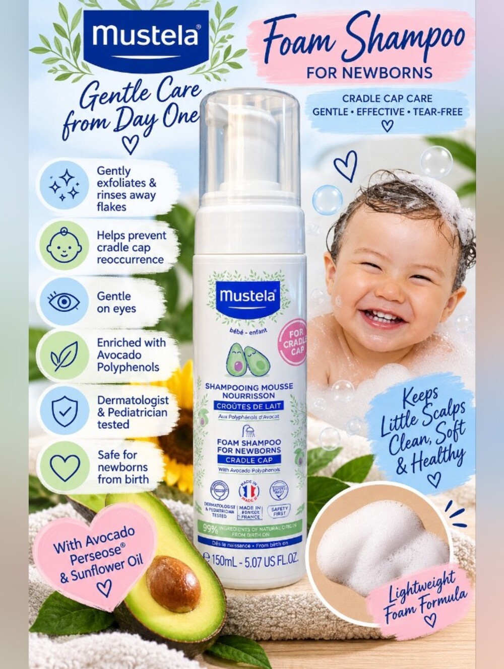 NEW Mustela Foam Shampoo for Newborns Cradle Cap 5.07 oz 150mL